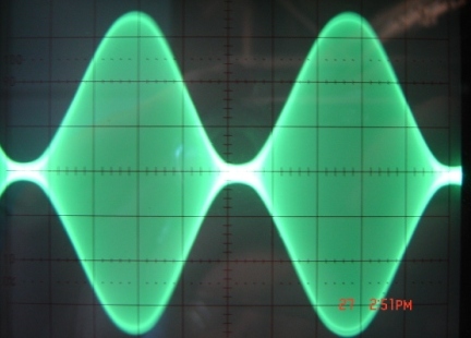 Almost perfect AM carrier envelope with a slight amount of vertical jitter. The audio negative feedback was not fully operational when this photo was taken.